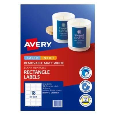 Avery Removable Labels 62 x 42mm White 180 Pack