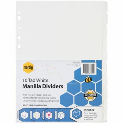 Marbig A4 Manilla Dividers Multipunched, 10-Tab, White