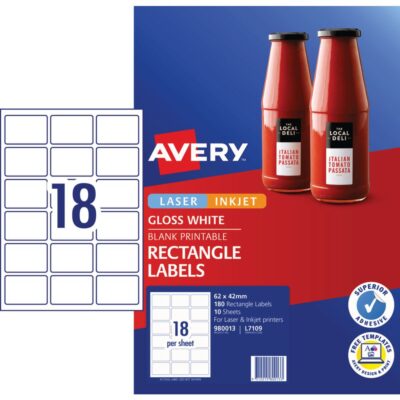 Avery 18up Rectangle Labels Gloss White 10 Sheets