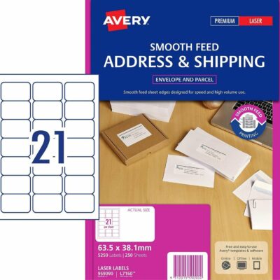 Avery 959090 L7160 Address Label Smooth Feed Laser 21UP Pack of 250