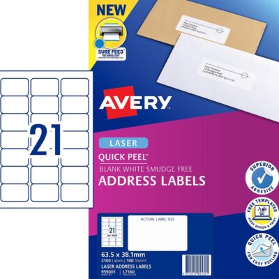 Avery Address Labels With Sure Feed Laser 21UP White Pack of 100
