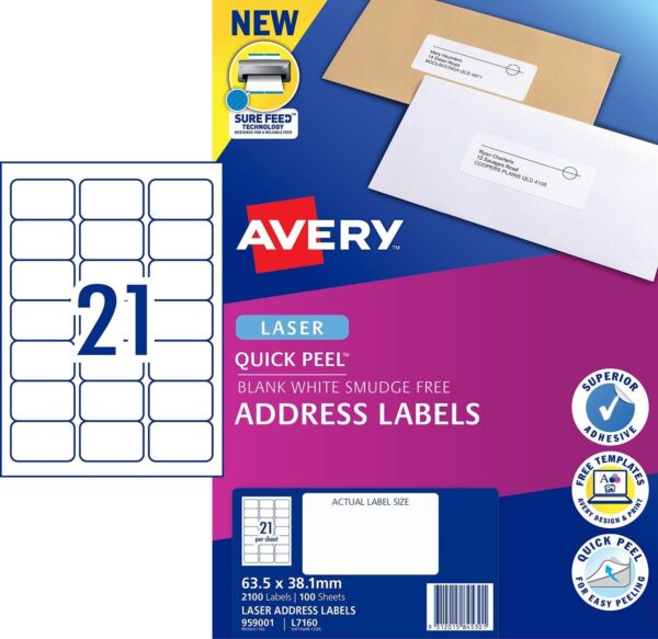 Avery Address Labels With Sure Feed Laser 21UP White Pack of 100
