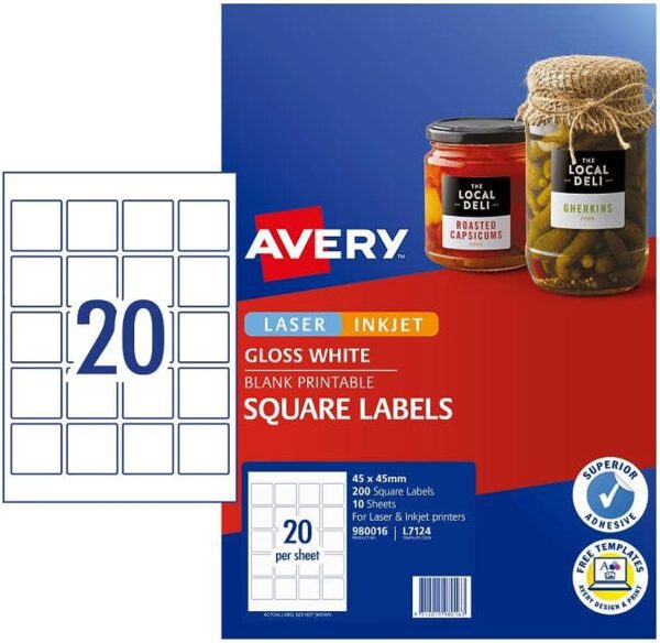 Avery L7124 Gloss White Square Labels 45 X 45mm Pack of 200