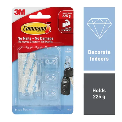 3M Command Mounting Mini Clear Hooks 17006clr Pack Of 6