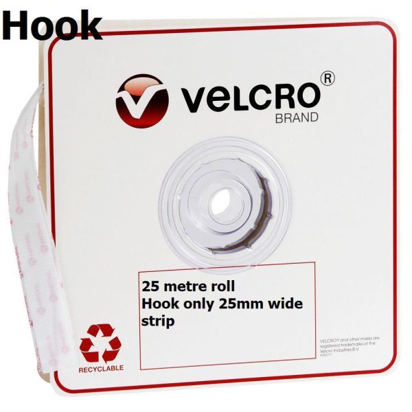 Velcro White Hook Only Strips 25mm x 25m