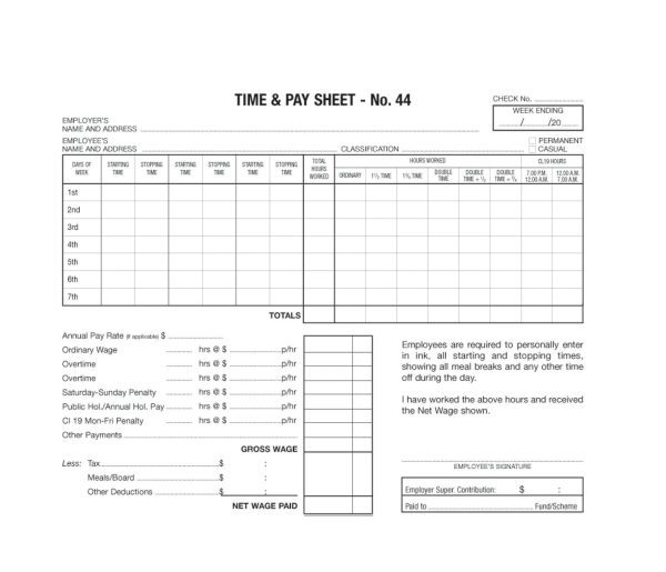 Zion Time & Pay Sheets N0.44 Pad 100 Sheets